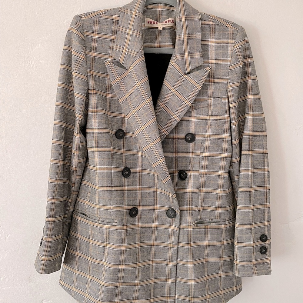 Free People Double Breasted Plaid Blazer